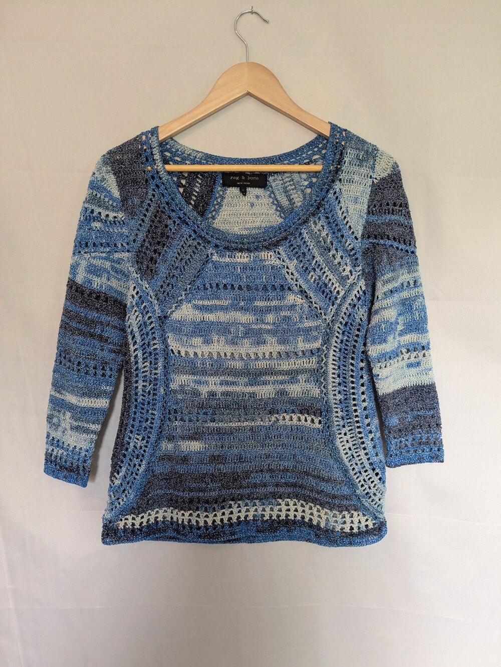 Rag & Bone Open Knit Crochet Sweater Shades Of Blue Scoop Neck M